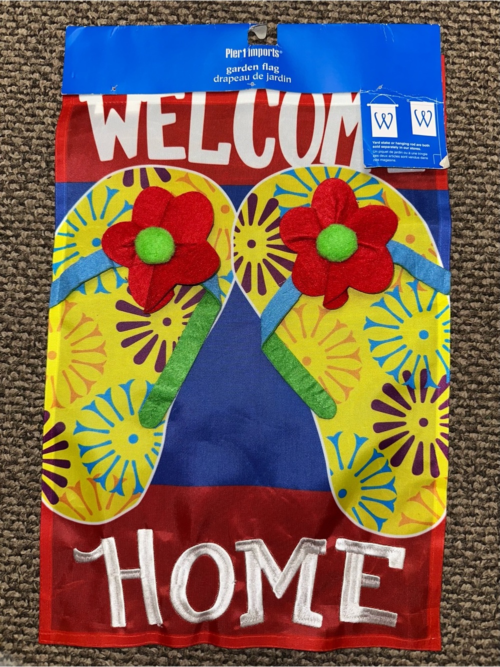 Pier 1 Welcome Home Garden Flag Flip Flops 3D Flowers Multicolor 12x18 Summer